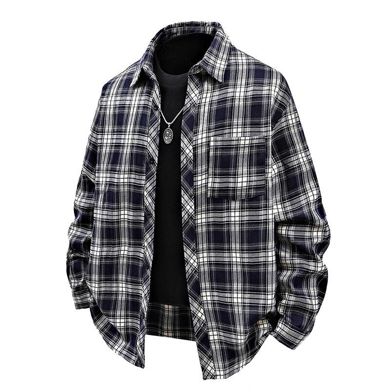 Mens Casual Loose Plaid Turn Down Collar Long Sleeve Shirt Outerwear