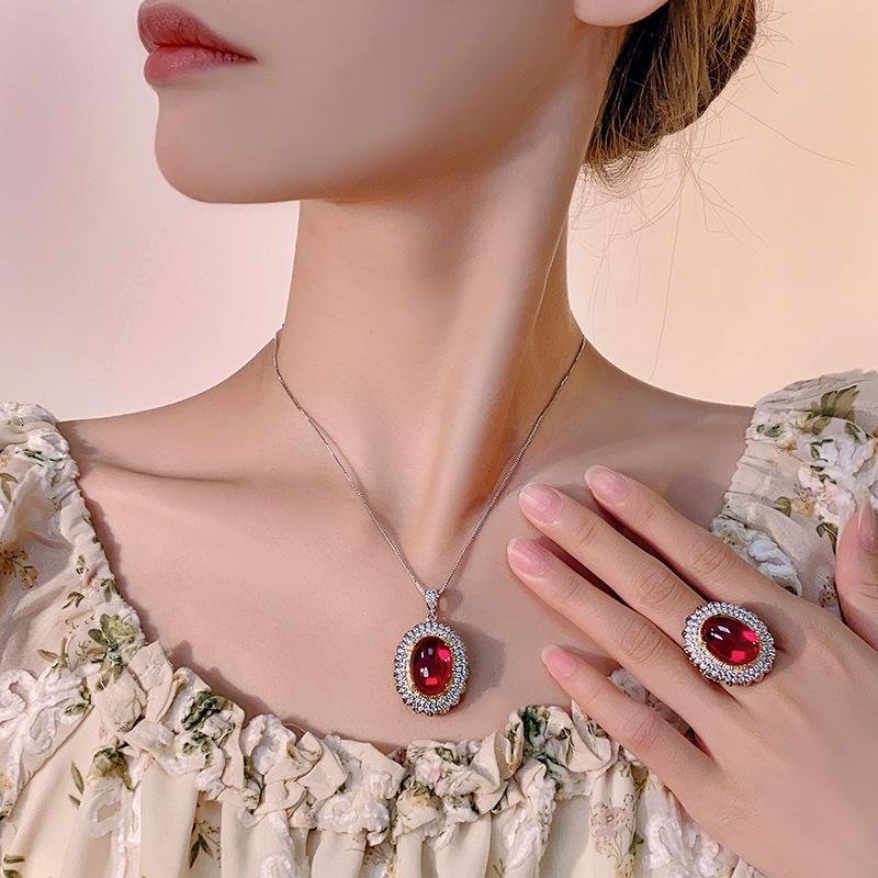 Jewelry Simulation Red Corundum Retro Light Luxury Set Pendant Main Stone 13 * 18