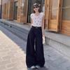 Women's Retro Dark Blue High-Waisted Wide-Leg Jeans - Autumn, Versatile, Floor-Length, Slimming Pants