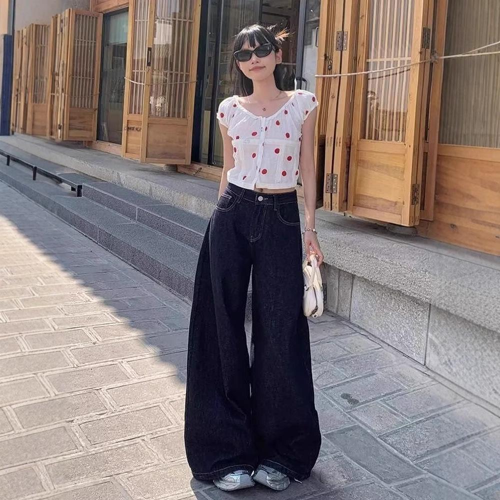 

Women s Retro Dark Blue High-Waisted Wide-Leg Jeans - Autumn, Versatile, Floor-Length, Slimming Pants 3XL темно-синього кольору