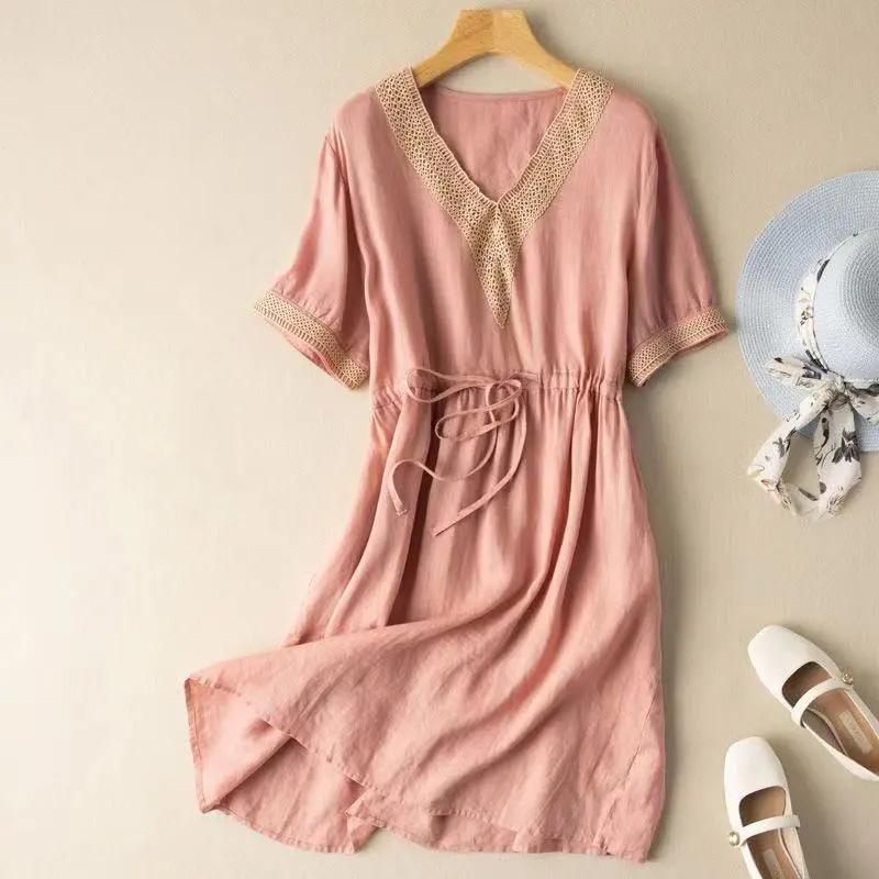 

Юбка для женщин Хлопок Лето Плюс Размер Свободные Цветочные Винтажные Однотонные Юбки Повседневные V-образный вырез Мягкие Длинные Праздничные Платья M розовый