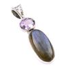 Natural Labradorite,Pink Amethyst 925 Solid Sterling Silver Pendant 1.50" Q5I79