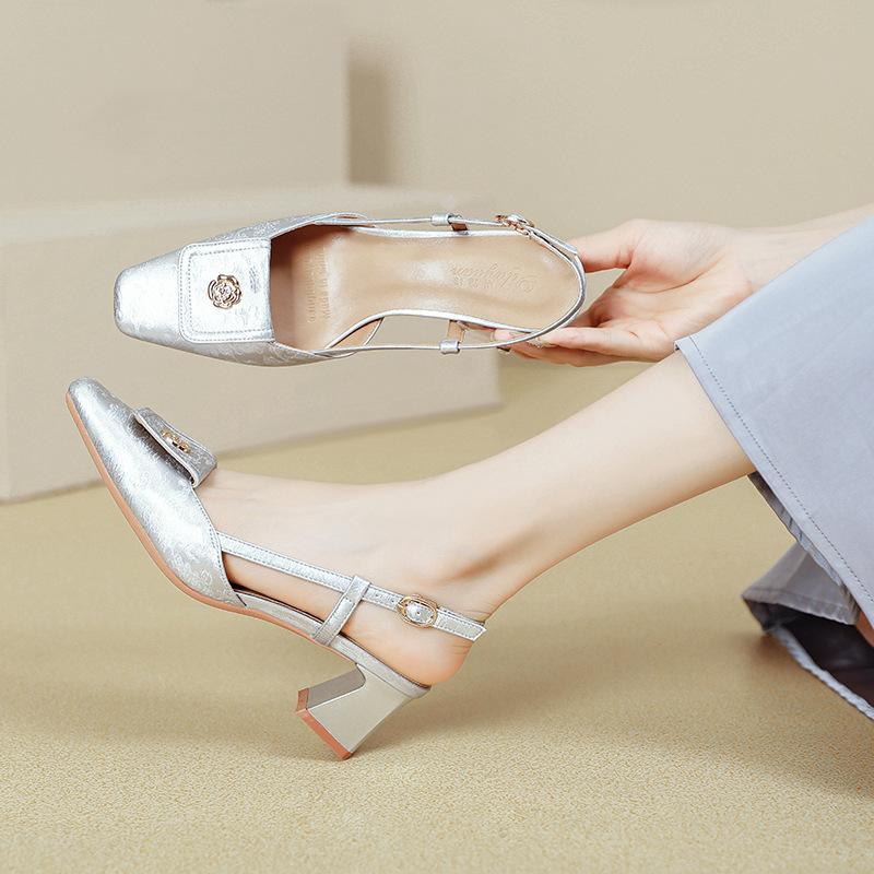 Baotou sandals women's new medium thick heel empty single shoes silver one-word buckle with square head high heels