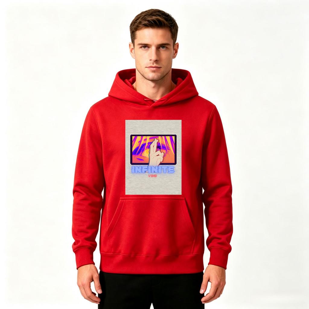 Men's Retro Anime Hand Gesture Print Pullover Hoodie Casual Long Sleeve Loose Hooded Sweatshirt