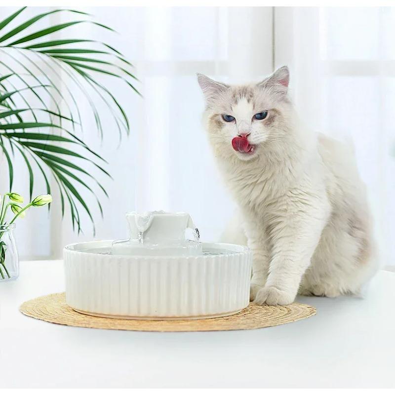 Ceramic Cat Water Dispenser Dog Automatic Flow Cycle Filtration Running Water Pet Electric Water Feeder 2.1L Capacity USB