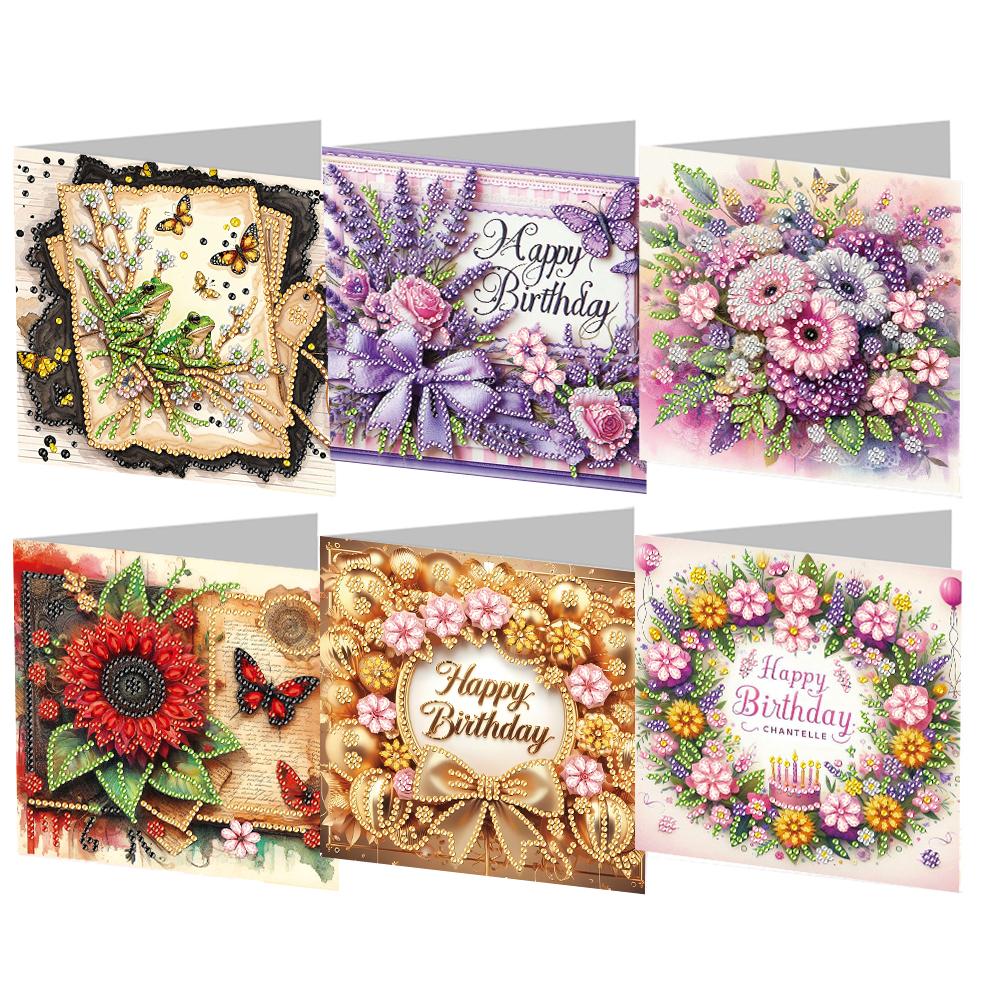 6Pcs Colorful Pattern DIY Diamond Painting Greeting Card with Envelope Diamond Birthday Blessing Card for Friend Family Lover