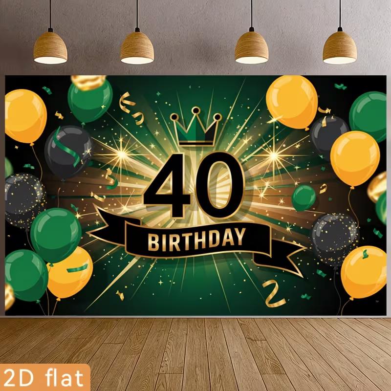 2D 40th Birthday Party Backdrop Green Gold Balloon & Crown Themed Photography Background