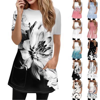 Women's T Shirt Tee Print Short Sleeve Daily Weekend Fashion Basic Round Neck Pockets Regular Top