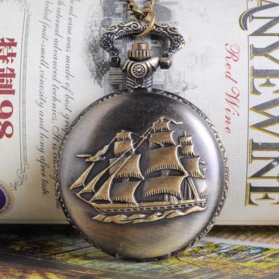 Montre de poche à Quartz en Bronze, jolie montre Vintage, pendentif de forme ronde sculptée, voilier Steam P