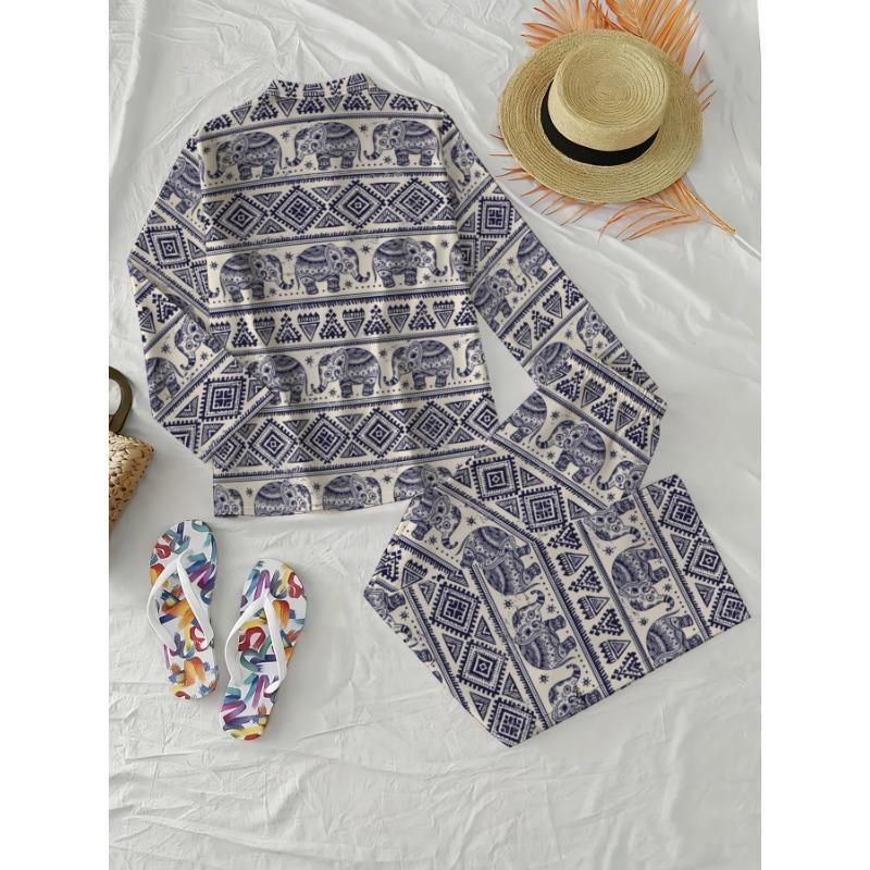Bohemian Exotic Style Long-sleeved Trousers Suit Women's Ethnic Style Elephant Print Shirt Wide-leg Pants Two-piece Set
