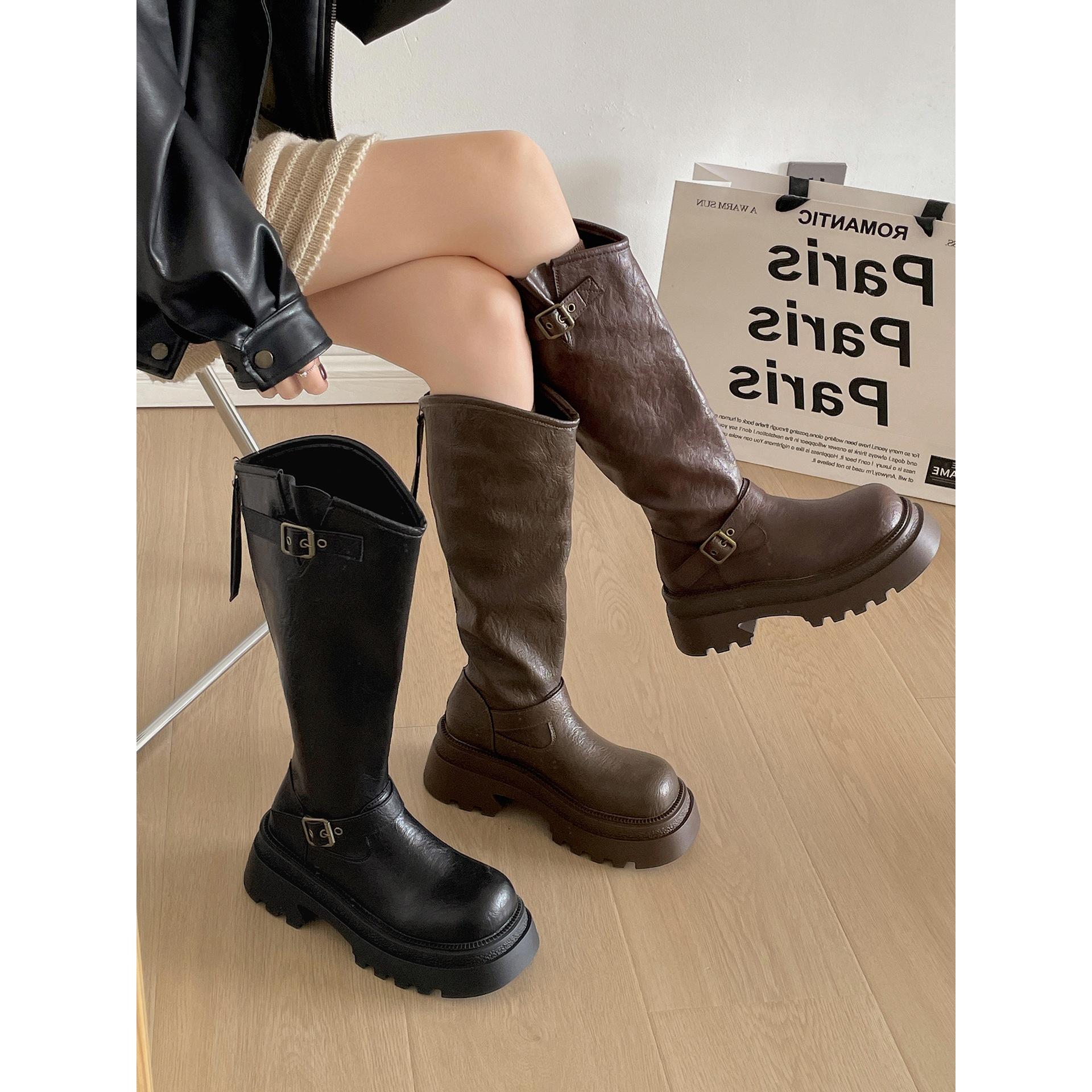 Brown British Coarse Heel Platform Boots Long Boots 2025 Autumn Skinny Height Growing Retro Knight Boots 39 хаки