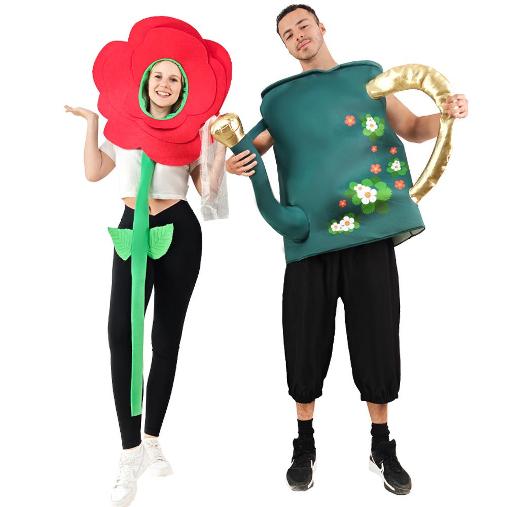 2 Pcs Couples Adults Sprinkler Kettle and Flower Suit Halloween Costumes Women and Men Garden Tools Party Cosplay