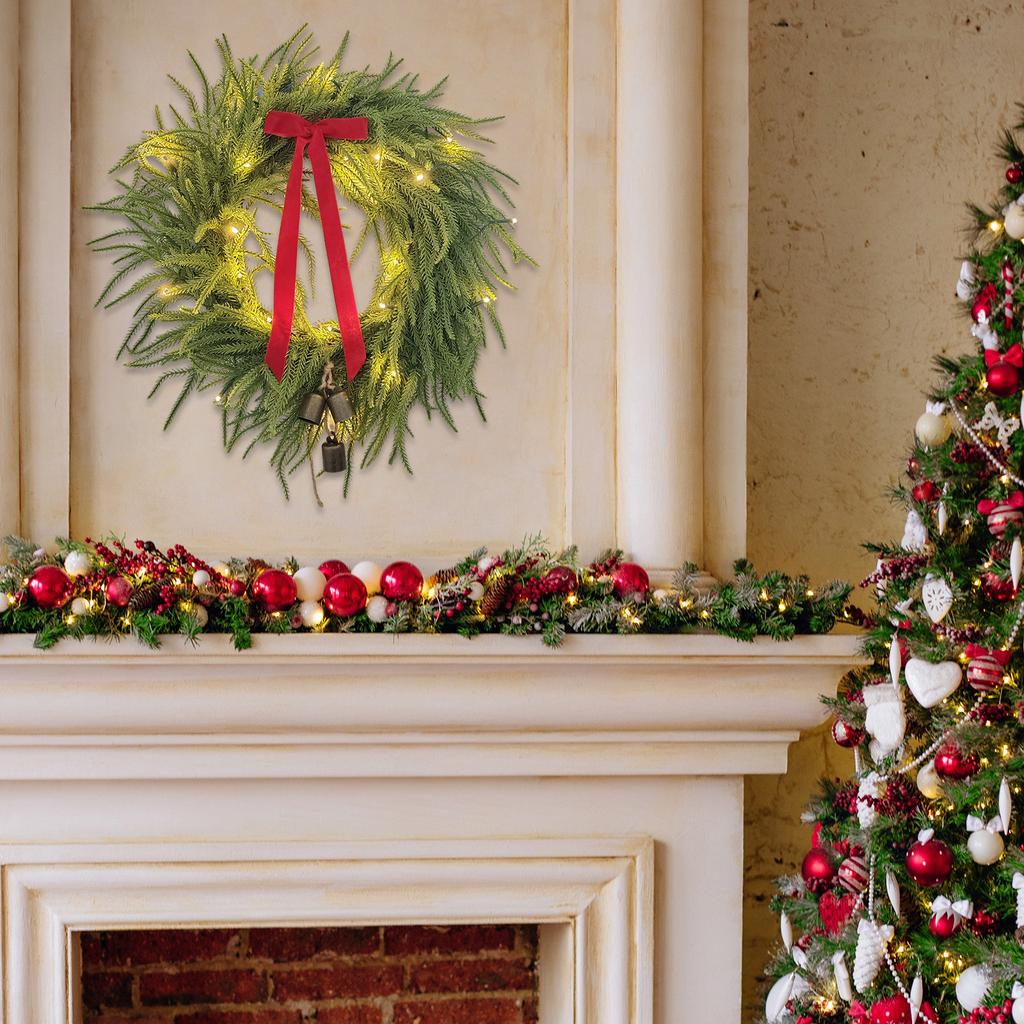 Artificial Pine Needle Wreath with LED Lights and Decorative Ribbon for Indoor Outdoor Holiday Display Home Wall Door Hanging