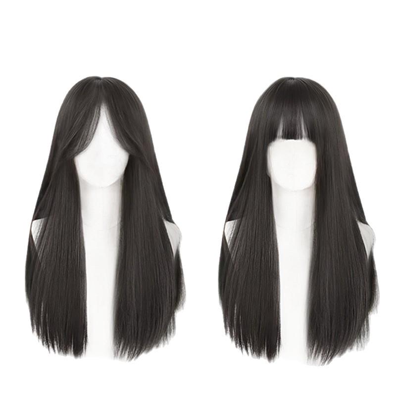 Long Straight Black Wig Set: Natural Hair, Full Head, Fashionable & Age-Reducing.