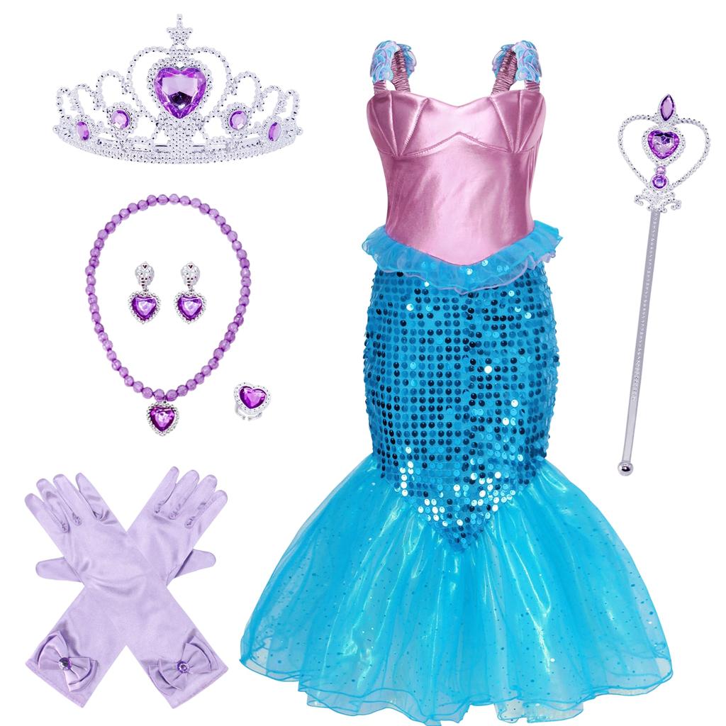 Set Rochie Printesa Sirena 6 Accessories Blue 5-6 Years 110cm Kids Party Costume