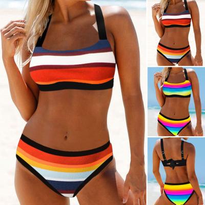 2 sztuk/zestaw zestaw bikini damski kolorowy nadruk w paski U szyi kontrastowy kolor strój kąpielowy odzież do sportów wodnych