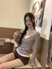Korean-Style Coffee Striped V-Neck Slimming Two-Piece Women's Long Sleeve Top for Autumn/Winter