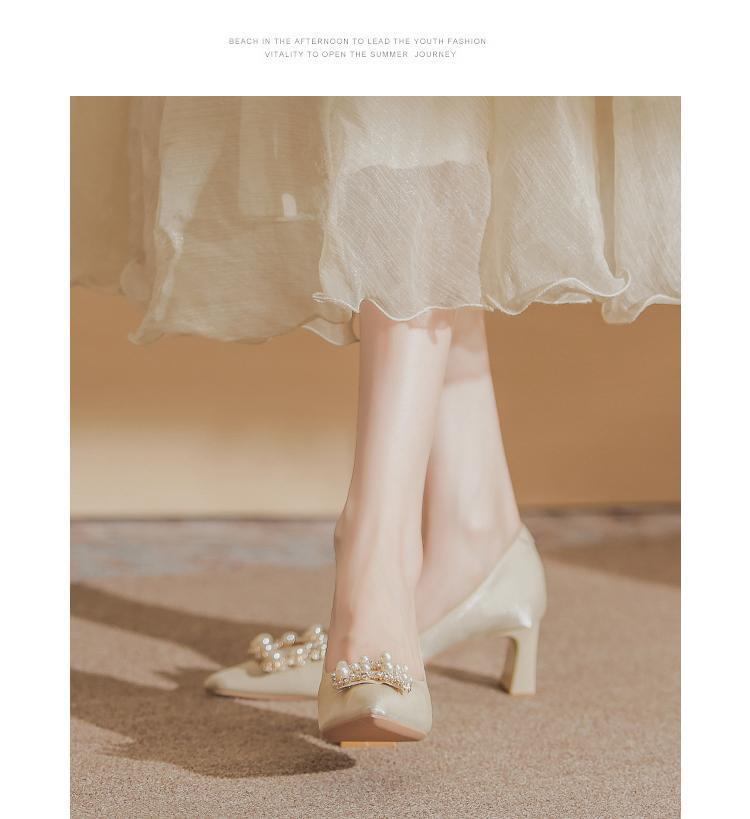 Fashion High Heel Women's Wedding Dress Thick Heel Square Button Single Shoes 2024 New Wedding Shoes