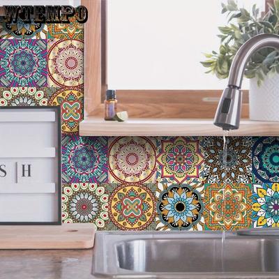 10pcs Self-adhesive Tile Sticker Mandala Dark Color Style Flower Brick Peel and Stick Splash Guard Wall Sticker Waterproof Tiles Stickers for Bathroom