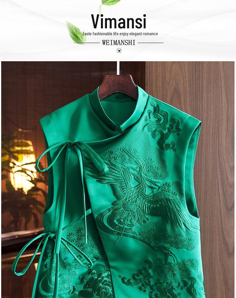 Dámská retro vesta kabát v čínském stylu s výšivkou bílého čápa