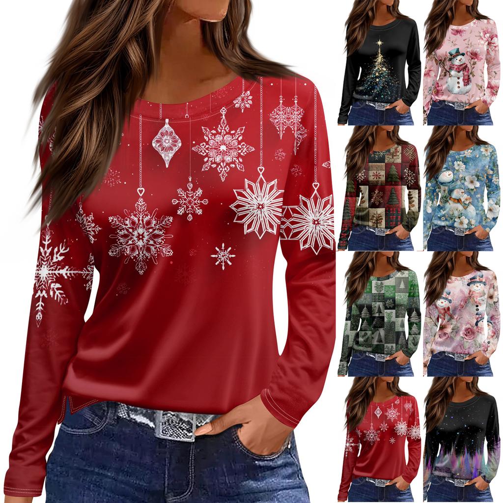 Dámská módní ležérní halenka s rozparkem, kulatým výstřihem, dlouhým rukávem, volná, s potiskem