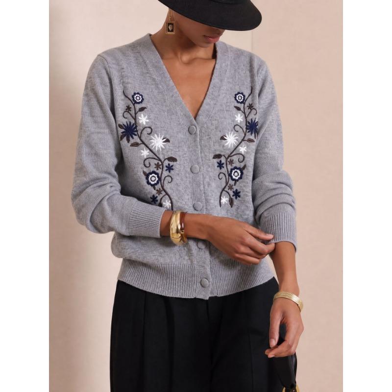 Women Loose Retro Floral Embroidery V Neck Knit Cardigan Sweater Outerwear