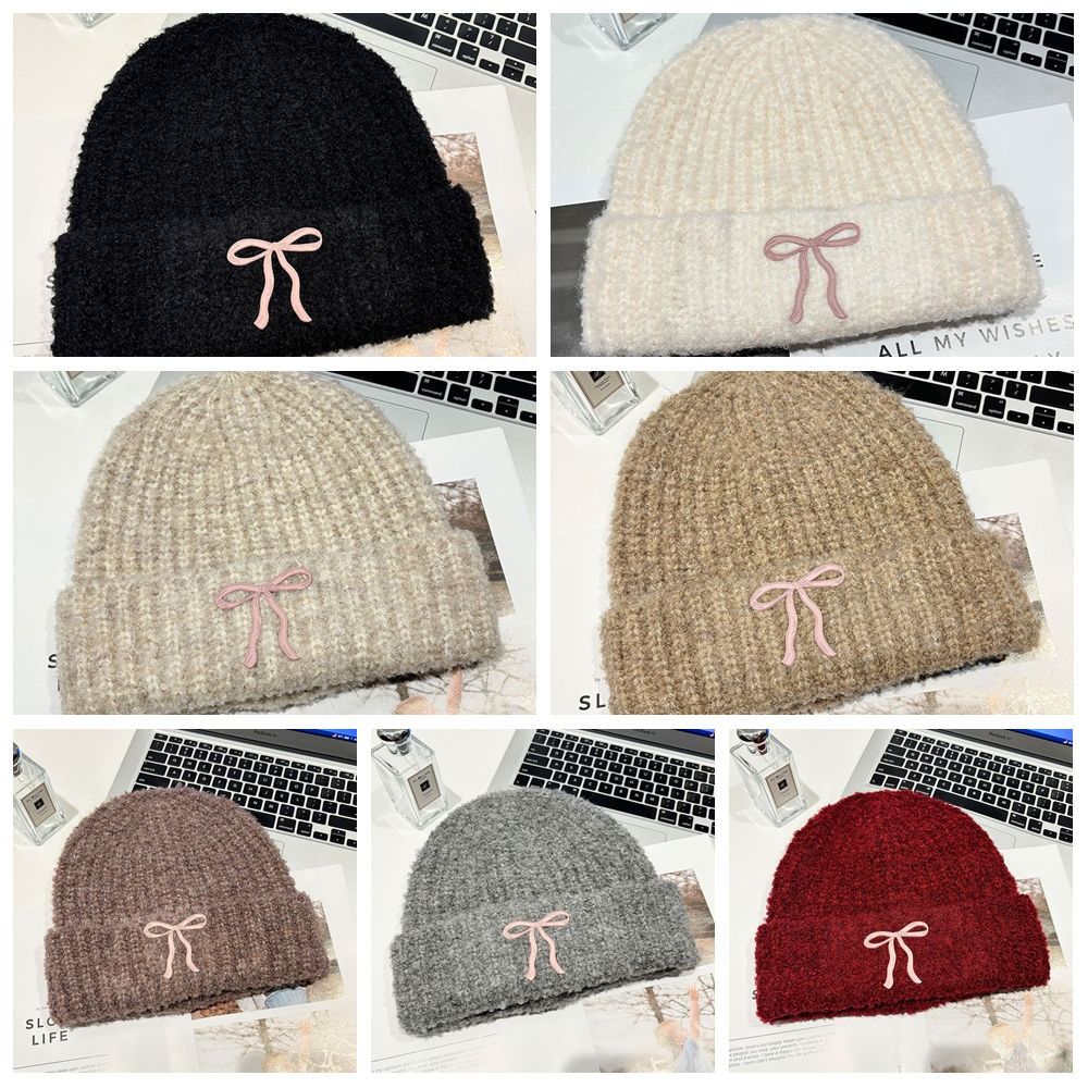 Solid Color Bow Knitted Hat Wool Hat Knit Beanie Casual Crochet Basin Cap  Outdoor