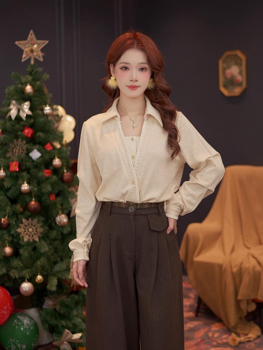 Женский кроссоверный топ с длинным рукавом DaYuan Wan er, имитация двойки #S14924 Large абрикосовый