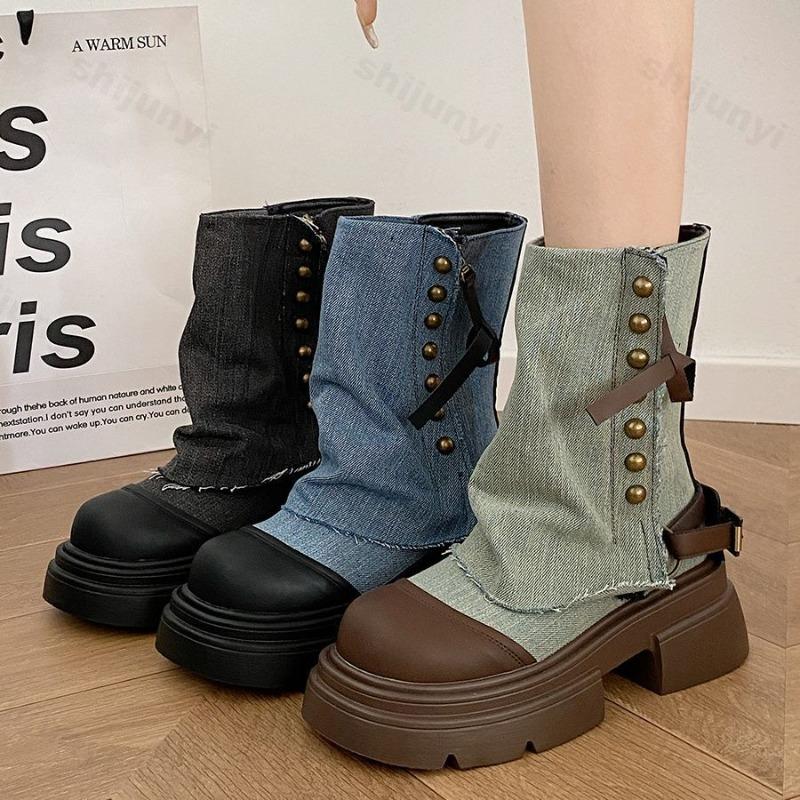 Women's Cowboy Boots Autumn Ankle Boots Rivet Decoration Block Heels Denim Boots Round Toe Comfortable Western Botines Mujer