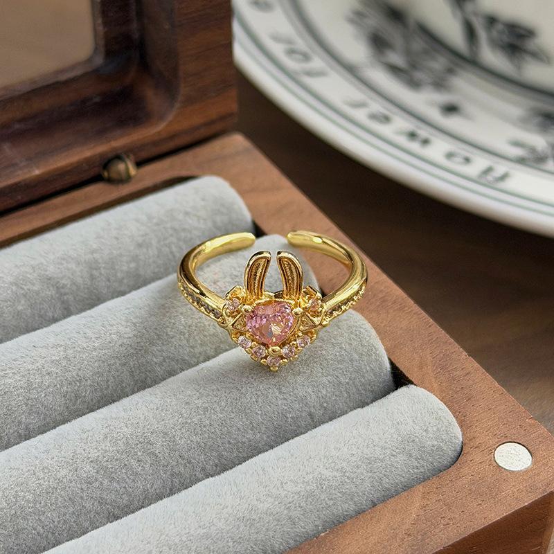 Sweet Sister Cute Golden Rabbit Bead Pink, Zircon Enamel Open Ring Exquisite Small Fresh Stacked Ring Adjustable opening