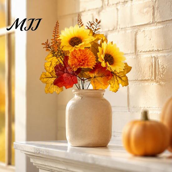 Fake Flowers for Wedding Background Artificial Sunflower Maple Leaf Bouquet, Fall Flowers,Realistic Silk Faux Decorative Fireplace Flower Thanksgiving