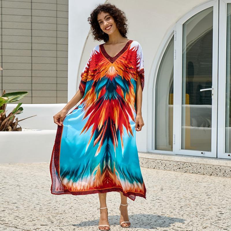 Vestidos Casuales de Moda para Mujer Verano Primavera Estampado Color Block Mangas 1/2 Cuello en V Cintura Holgada