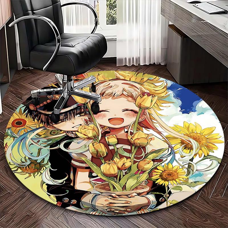 1pc Anime Cartoon Design Sunflower & Tulip Round Carpet - Office Chair Mat, Non-Slip Rug for Home Decor, Living Room, Bedroom, Game Room, Dormitory, G