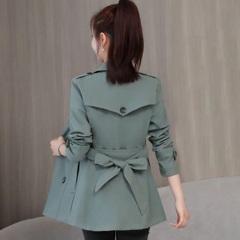 Women's Jacket Spring Long Sleeves Stand Collar Casual Windbreaker Female Double-breasted with Belt Outerwear
