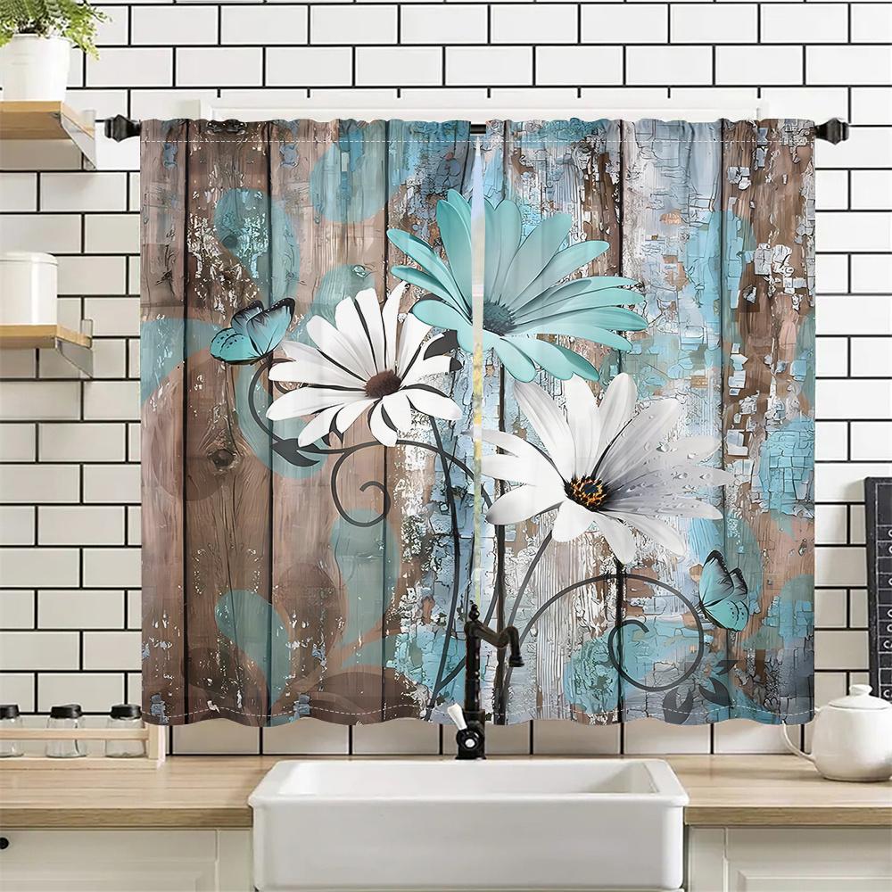 2Pcs Vintage Wooden Floral Curtains Mint Green White Daisy Butterfly Living Room Bedroom Window Decor Curtains Country Sty