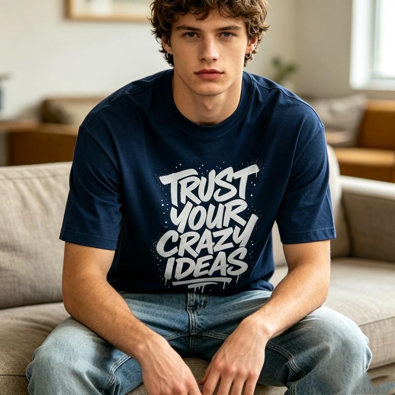 Spray Paint Lettering Trust Your Crazy Ideas Quote Print Loose Pure Cotton Tshirt Unisex Youth Outdoor Hip Hop Casual Top
