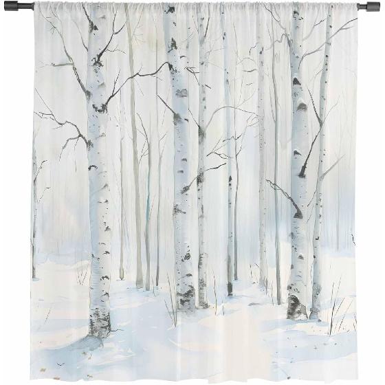 White Birch Semi Sheer Curtains Drapes for Living Room,Bedroom,French Doors Window 84 Inches Long,Watercolor Winter Snow Scenery Trees Forest Rod