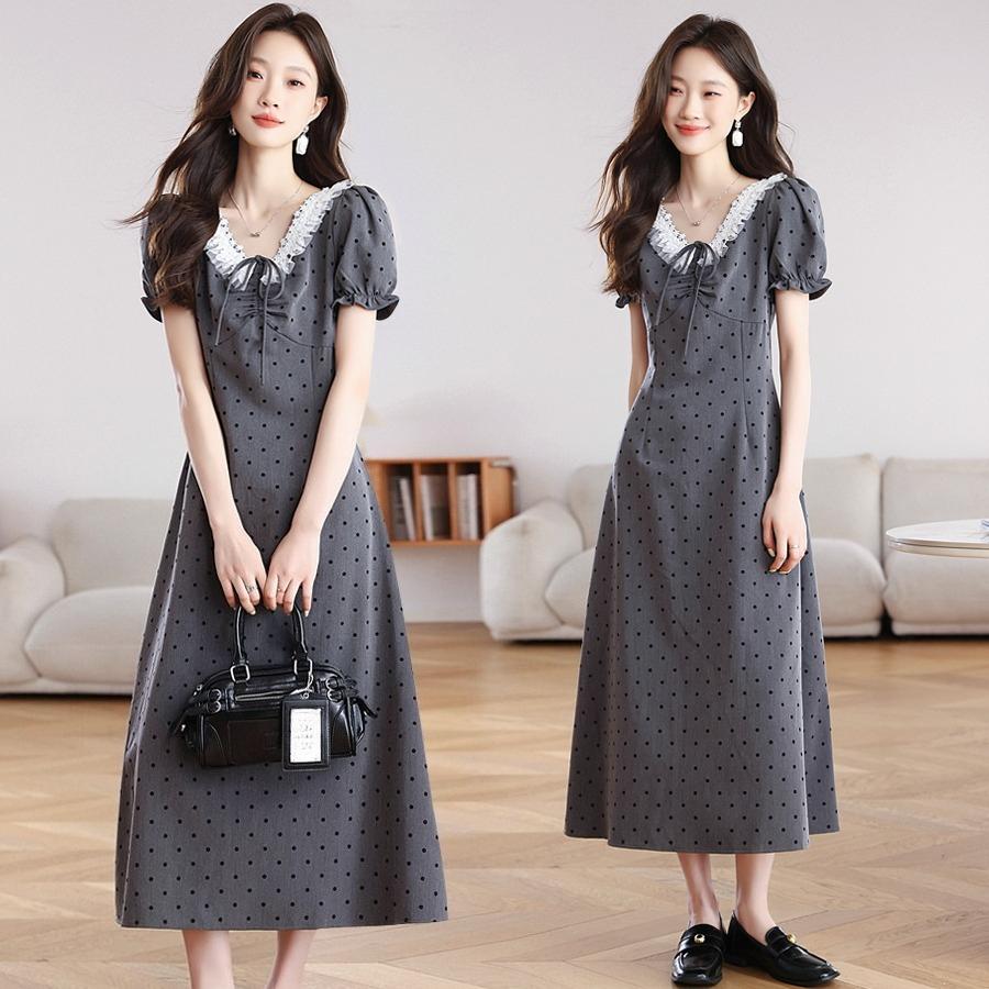 Summer Gray Dress for Women High Waist Breathable Pear Shaped Waist Design Polka Dot Dress Fashion
