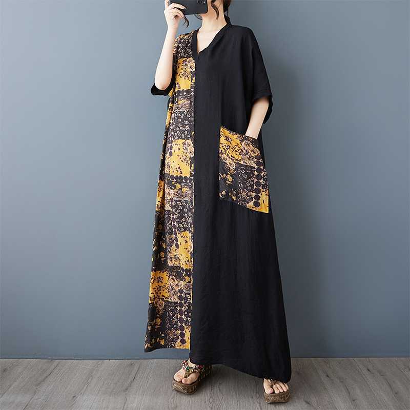 

Women s Yellow Flower Spliced Black Long Dress Retro Robe One size