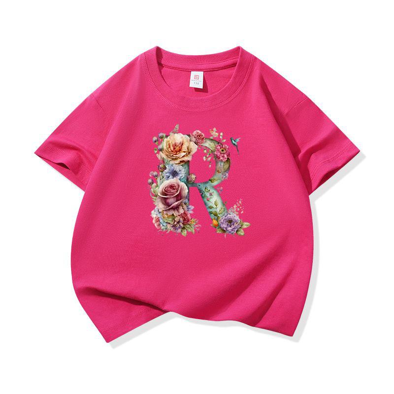 Kids Cotton T Shirt Floral Letter R Print Crew Neck Short Sleeve Tee Casual Boys Girls Summer Tops