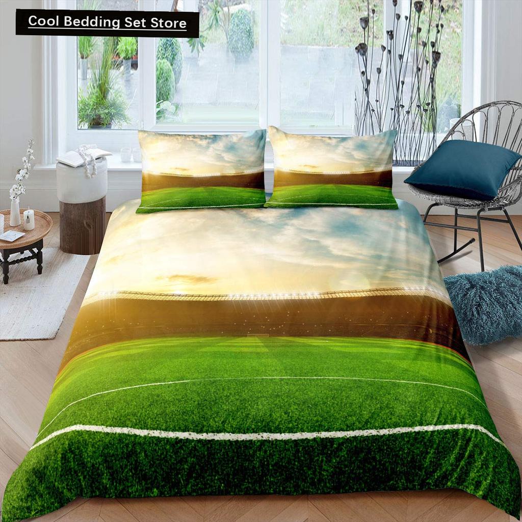 Husă de Plapumă Verde Teren de Fotbal King Queen Husă de Plapumă Teren de Fotbal Set de Lenjerie de Pat pentru Băieți Bărbați Jocuri Sportive Husă de Plapumă Poliester