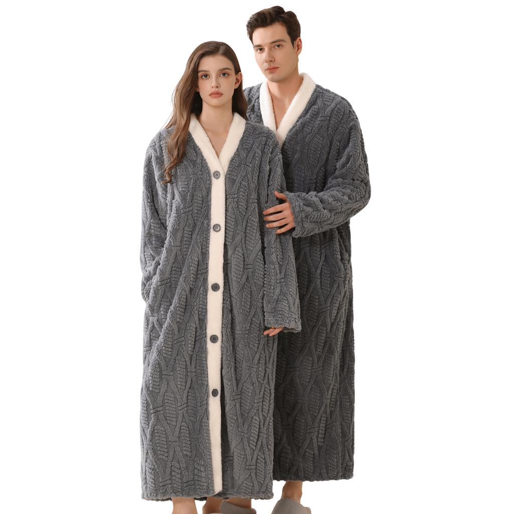 Men's Plush Bathrobe Button Up Long Housecoat Winter Warm SPA Fleece Duster Robe with Pocket Flannel Full Length Loose Fit Nightgown Sleepwear for Men
