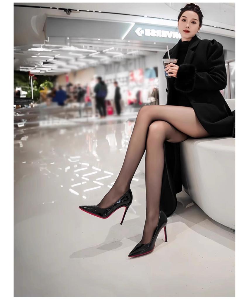 Women's Black Patent Leather Stiletto Heels with Side Cut and Red Bottom - Spring Collection
