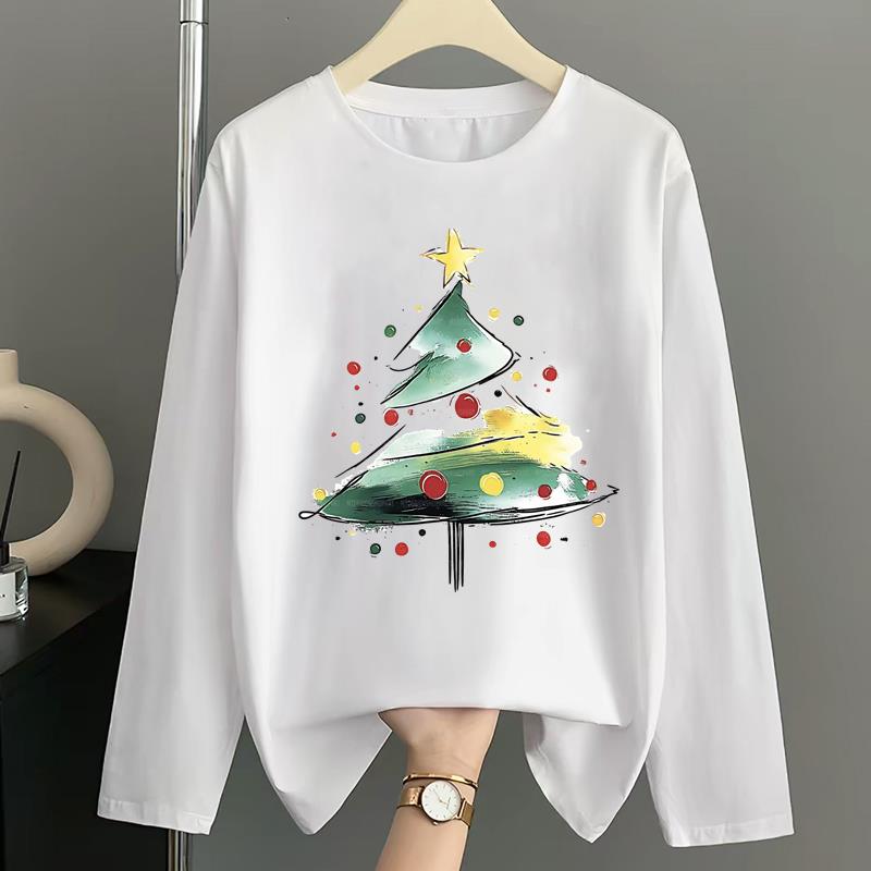 (Asian Size) Letter Lovely Women Autumn Winter Print T Shirt Christmas Holiday Graphic Tee Casual Fashion Top Clothing Long Sleeve T-shirts
