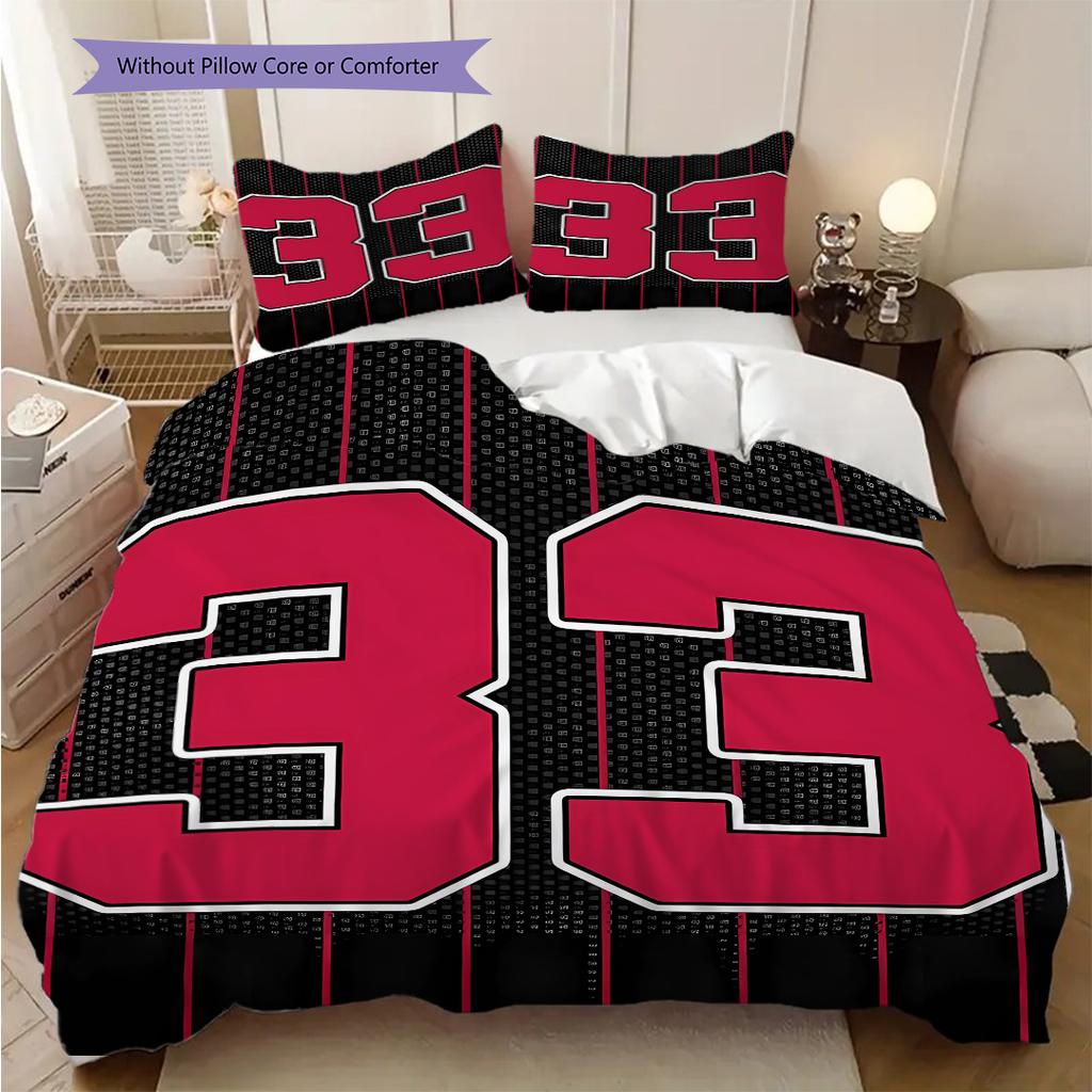 Red and Black Sports Jersey Number Bedding, Duvet Cover, Pillowcase, Home Decoration, Birthday Gift (1 * Duvet Cover+2 * Pillowcase, Coreless)