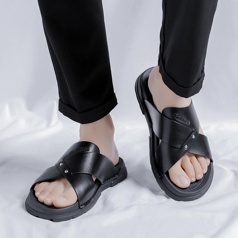 MódaLéto Pánské Sandály z Pravé Kůže Venkovní Plážové Sandály Gumová Podrážka Měkké Černé Pantofle se Silnou Podrážkou Pánské Římské Sandály