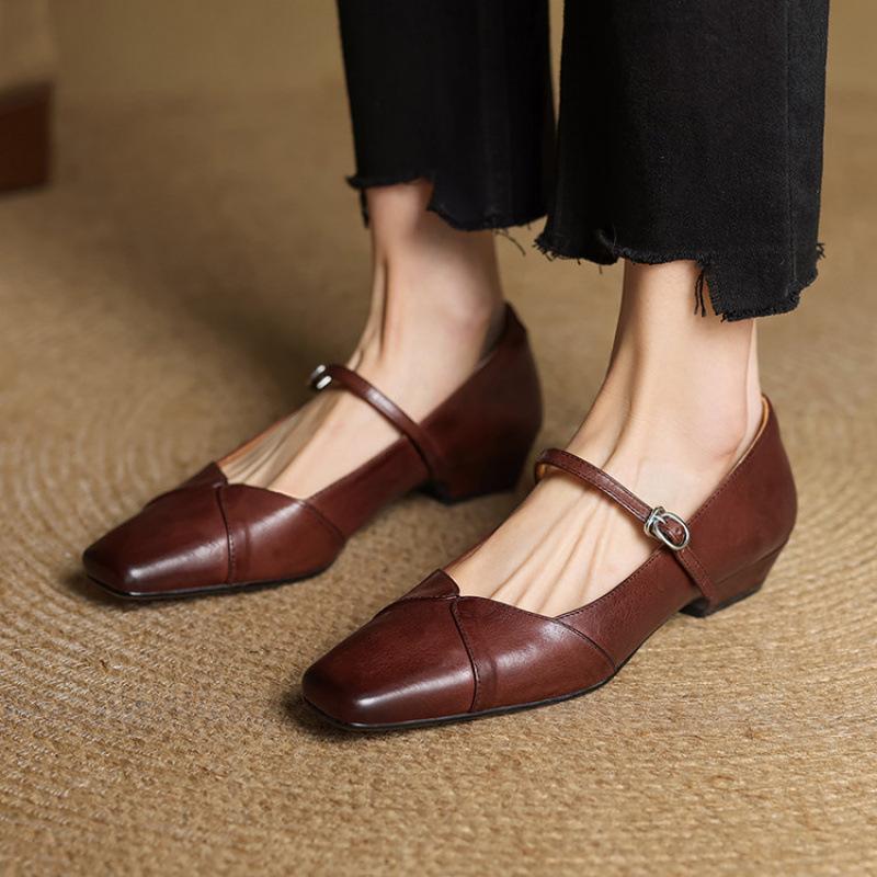 New Comfortable Beef Tendon Small Leather Shoes Low Heel One Pedal Four Seasons Wear Fashion Single Shoes Leather Large Size Shoes Flat Heel Square 