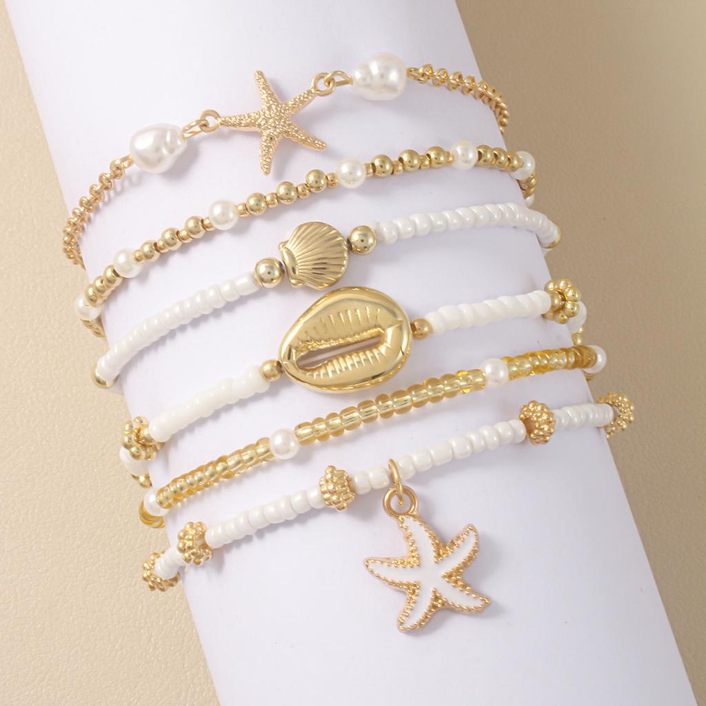 Fashion Bohemian Starfish Shell Design Anklet Set for Women Summer Ocean Element Multi-Layer Faux Pearl Anklets Beach Jewelry