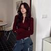 Herbst Weinrot Knöpfe Y2k T-Shirt Damen Winter Chic Langarm Slim Fit Tops Koreanisch 2026 Streetwear Uni Basic Lässige T-Shirts