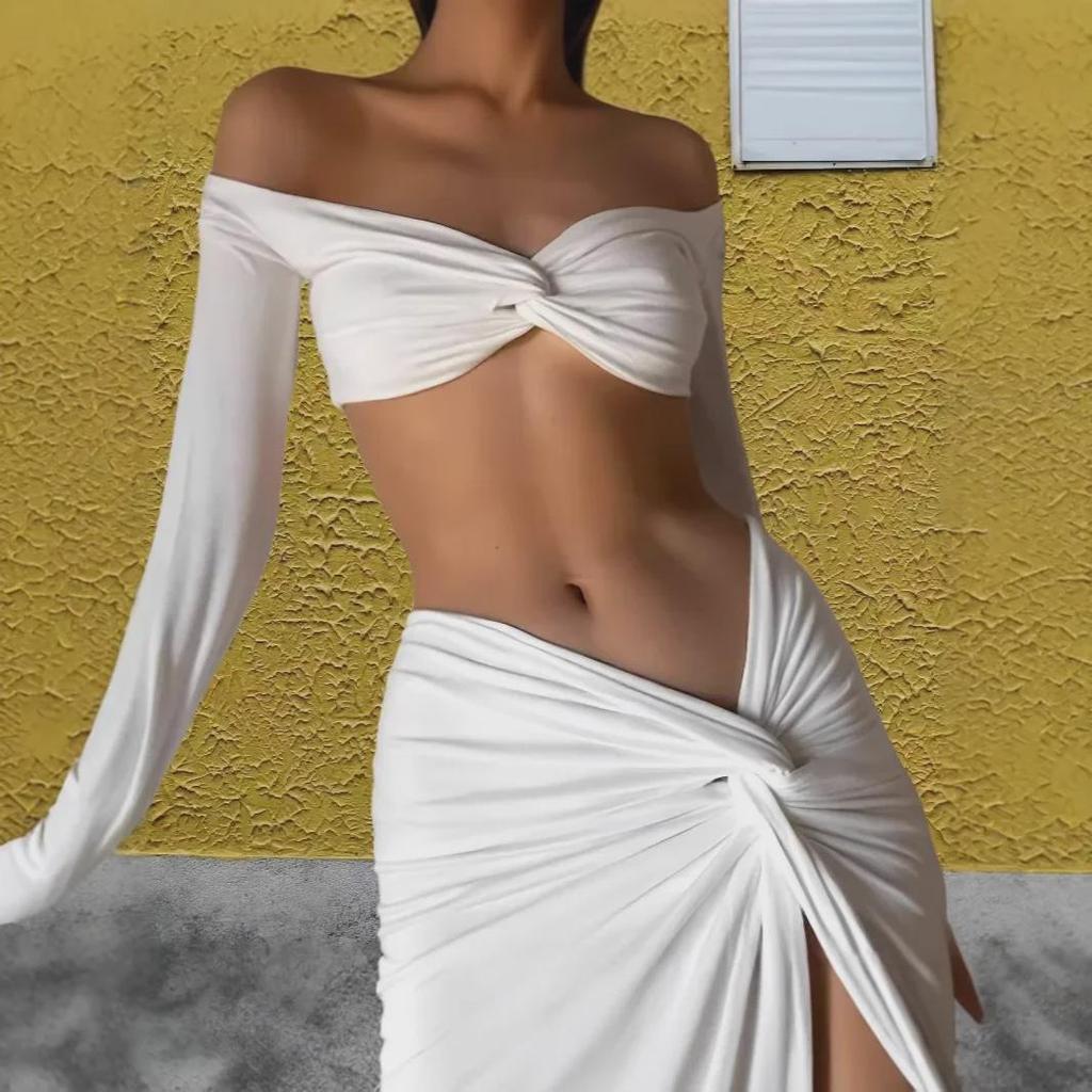 "2024 Women's Long-Sleeve V-Neck Slit Maxi Dress with Two-Piece Suit for Summer and Autumn"